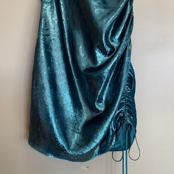 CINQ A SEPT Shiny Astrid Dress Teal Topaz Size 2 Metallic Bodycon Mini Sexy Chic - Picture 15 of 16